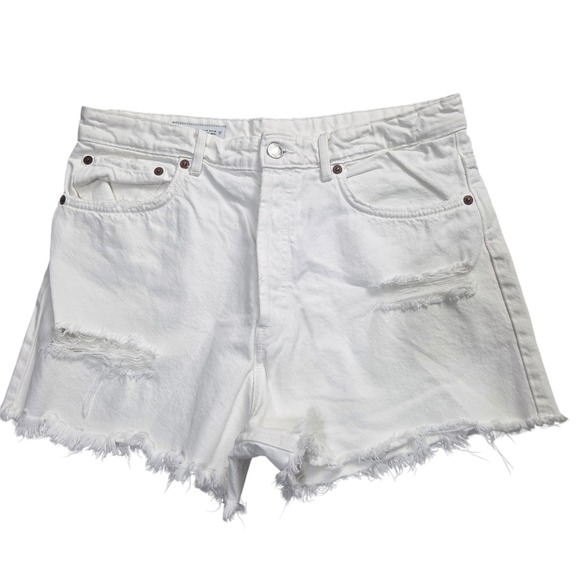 Zara Pants - Zara White Distressed Denim Jean Shorts High Waisted Raw Hem Size 14 Waist 34"